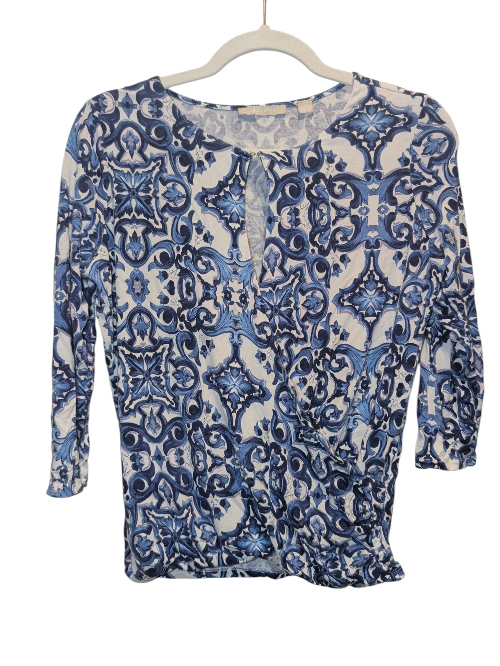 Sunny Leigh Blue and White Tile-Print Long Sleeve Blouse (#D230)